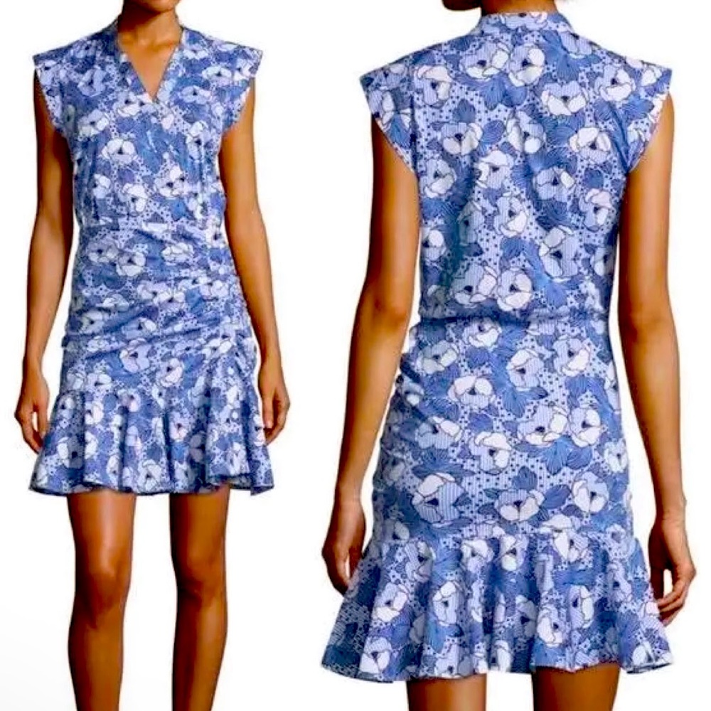 VERONICA BEARD Blue Fountain Cotton Floral Ruched Ruffled Sleeveless Mini Dress.